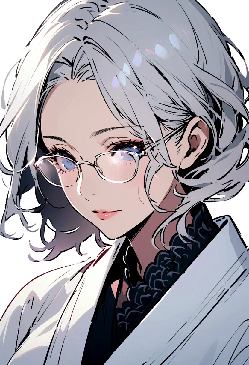 Portrait, Glasses Mature Japanese Woman, detailed beautiful face, detailed eyes,  red-framed glasses