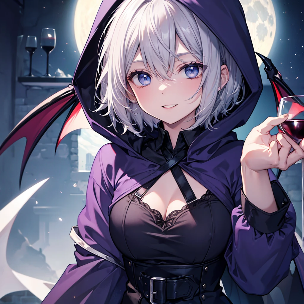 ((((vampire　inflammation))))　(((Gray Hair　short hair　blue eyes　woman　Center close-up　wine glass)))，((night　full moon　My own big wings　Town))，(Wearing a hood　Black camisole　Purple light　Wearing a cloak)，　Creepy Smile　Showing teeth　Shining Background　Shining Edges