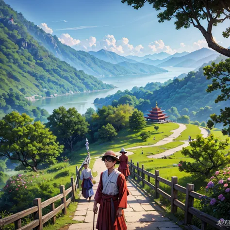 a man is leading a group of 30  renovation of a broken bridge near a pagoda. they have a headnets on their heads, dark eyes, wea...