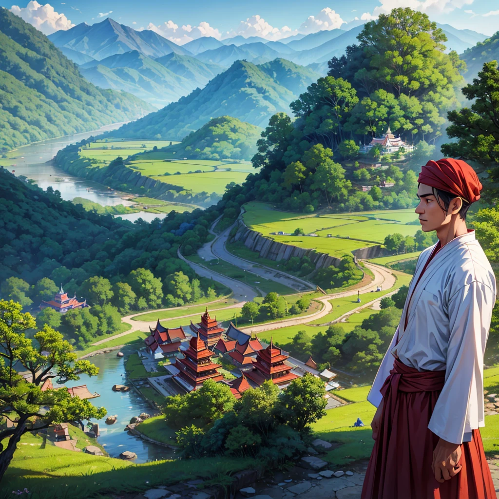 A man is leading a group of 30  renovation of a broken bridge near a Pagoda. They have a headnets on their heads, dark eyes, wearing different long sleeve shirts and longyi in Myanmar traditional custom. At the background, there is a village, mountain, trees, flowers. realistic quality, beautiful scenery 