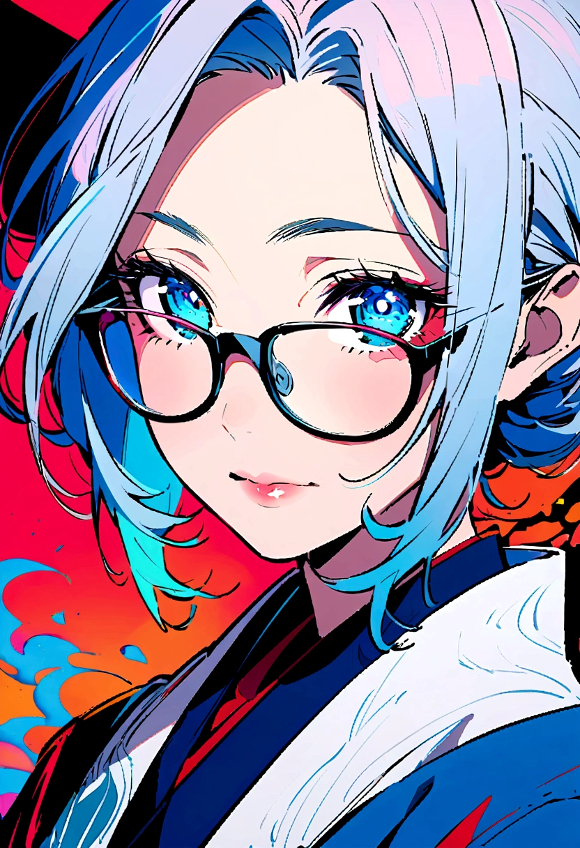 Portrait, Glasses Mature Japanese Woman, detailed beautiful face, detailed eyes,  red-framed glasses