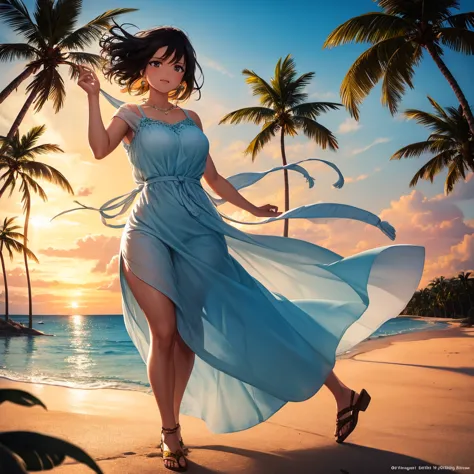 a photorealistic image of a south asian woman in her 40s with short, dark hair dancing on a beautiful beach with white sand and ...