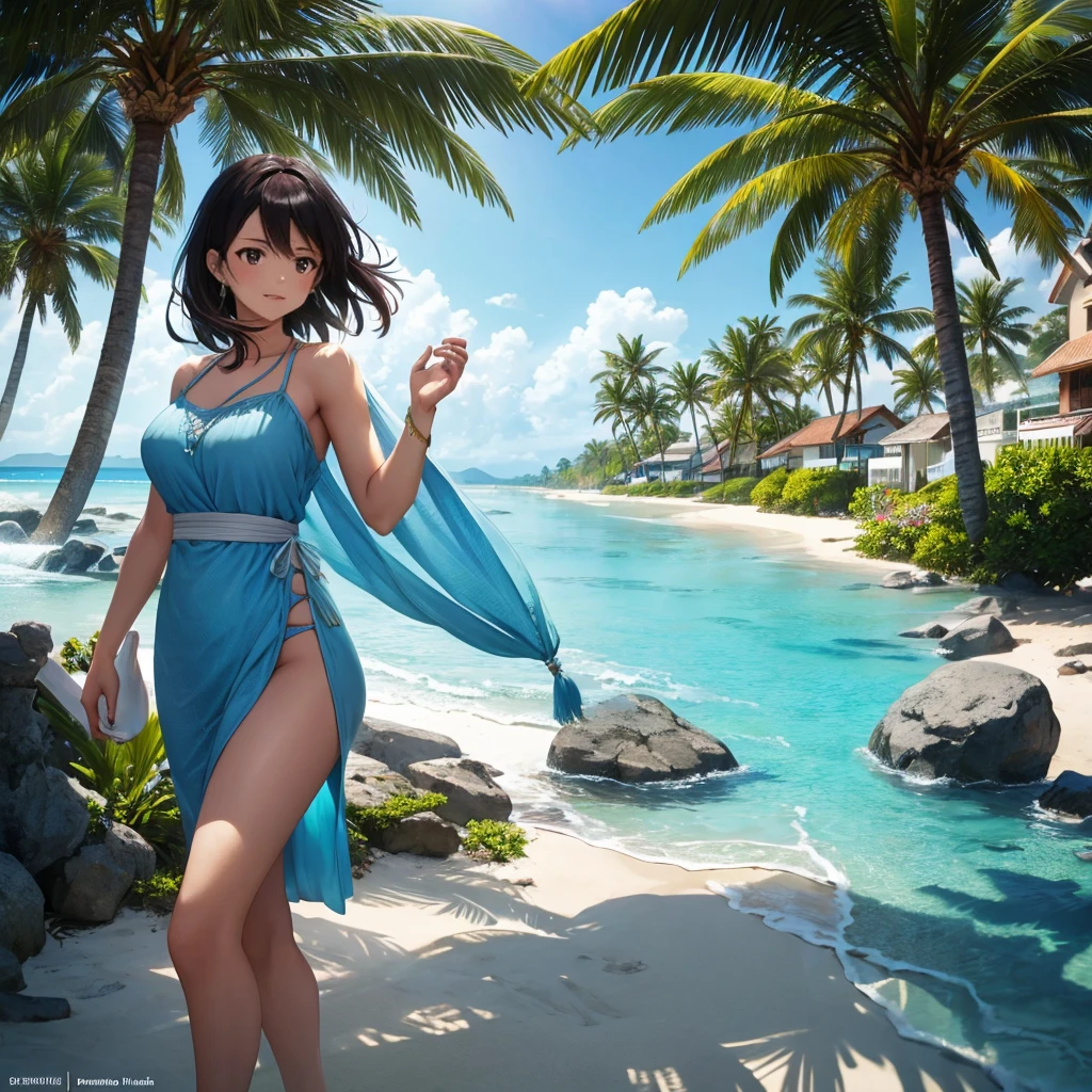 A photorealistic image of a South Asian woman in her 40s with short, dark hair dancing on a beautiful beach with white sand and clear blue water. Palm trees sway gently in the background. She is dressed in a flowy sundress (or beach appropriate clothing) and has a joyful expression on her face. Her arms are raised and her hair flows freely in the breeze. The style is bright and colorful, capturing the energy and fun of the moment.