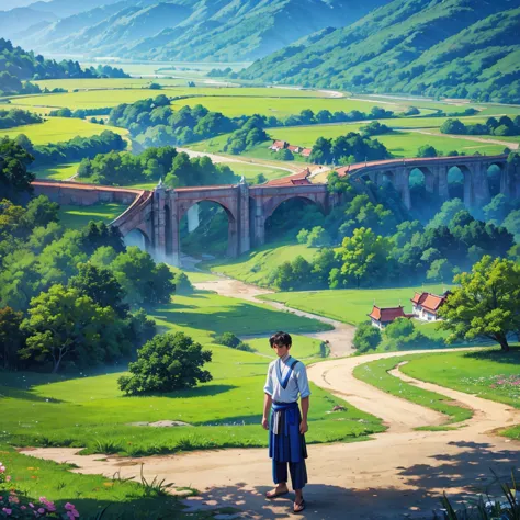 a man is standing on a broken bridge near a village. he has dark eyes, wearing white color shirts and blue color longyi in myanm...