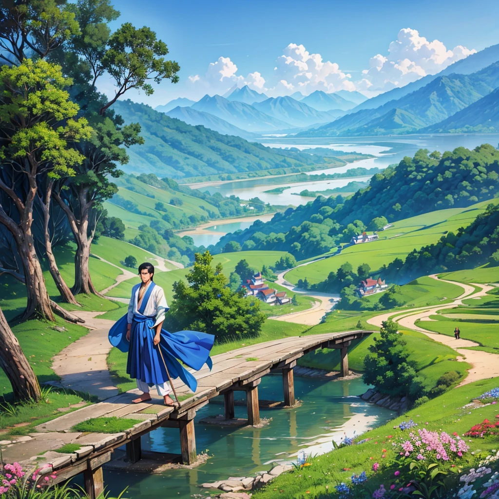 A man is standing on a broken bridge near a village. He has dark eyes, wearing white color shirts and blue color longyi in Myanmar traditional custom. At the background, there is a village, mountain, trees, flowers. realistic quality, beautiful scenery 