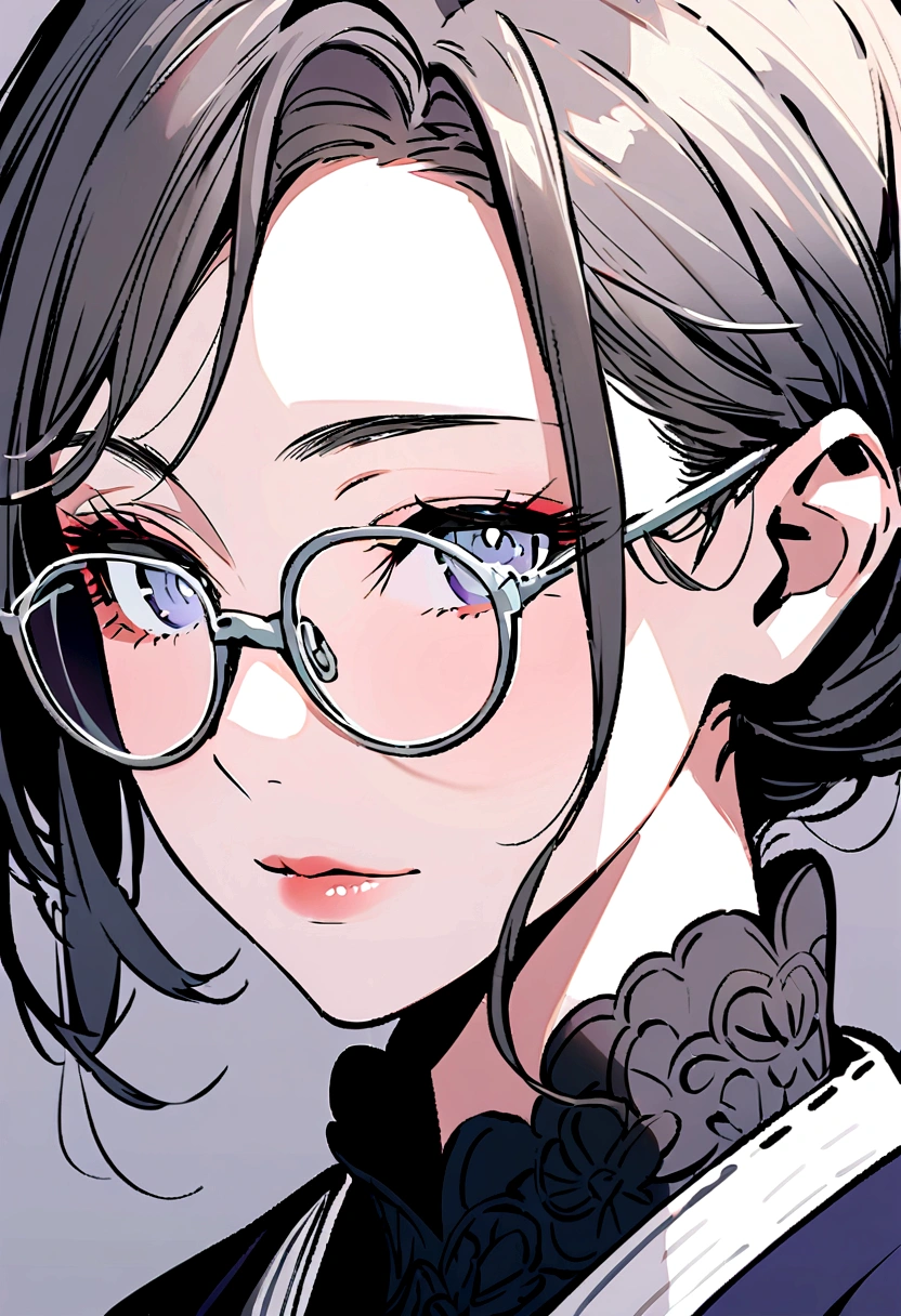 Portrait, Glasses Mature Japanese Woman, detailed beautiful face, detailed eyes,  red-framed glasses