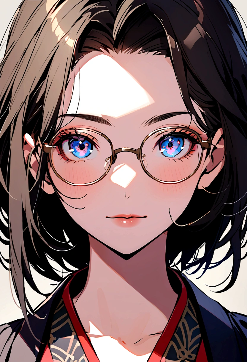 Portrait, Glasses Mature Japanese Woman, detailed beautiful face, detailed eyes,  red-framed glasses