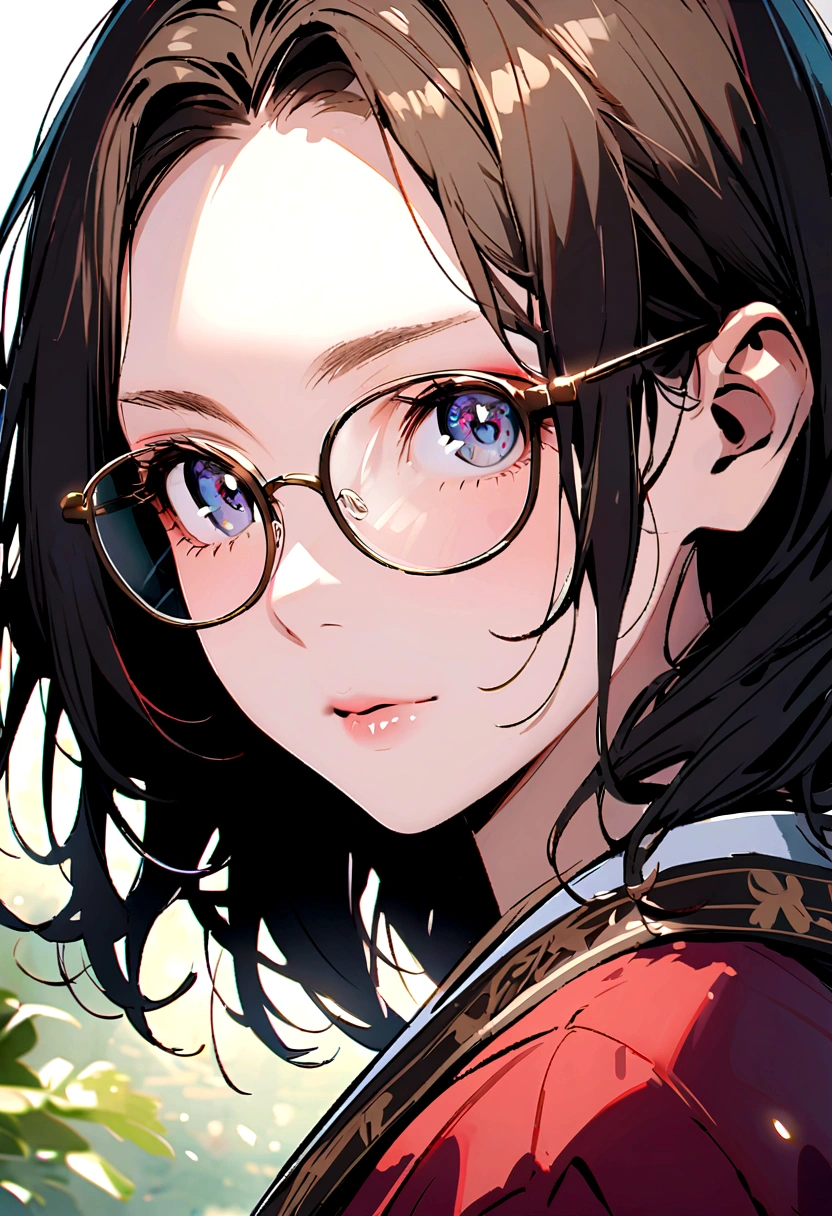 Portrait, Glasses Mature Japanese Woman, detailed beautiful face, detailed eyes,  red-framed glasses