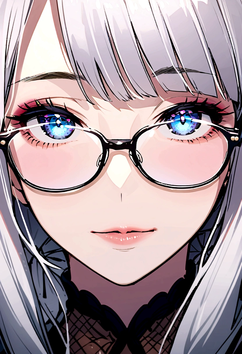 Portrait, Glasses Mature Japanese Woman, detailed beautiful face, detailed eyes,  red-framed glasses