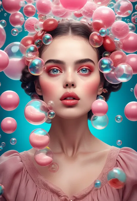 A young woman in a surreal, dreamlike environment, with beautifully detailed eyes and lips, surrounded by floating French bubble...