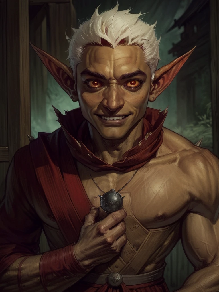 male goblin, goblin, ((g0blin)), DnD Clerics's clothes, medallion, holy symbol, (((red eyes))), (proud:1.4), (confident:1.2), smile, short white hair, spiked hair, | (8k, RAW photo, best quality, masterpiece:1.2), ultra-detailed, (high detailed skin:1.2), 8k uhd, dslr, soft lighting, high quality, (centered:1.2), ((LOOKING at the VIEWER)), asura, film grain, highly detailed shading, ((perfect_hands):1), Goodhands-beta2, Detailed eyes, perfect face, perfect eyes, Detailed face, debannwoll, ((a manga drawing by Kentaro Miura)),