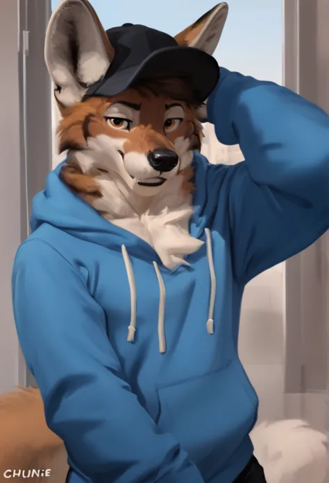 arafed wolf wearing a blue hoodie and a black hat, in a hoodie, thick furry neck and chest fluff, commission for high res, weari...