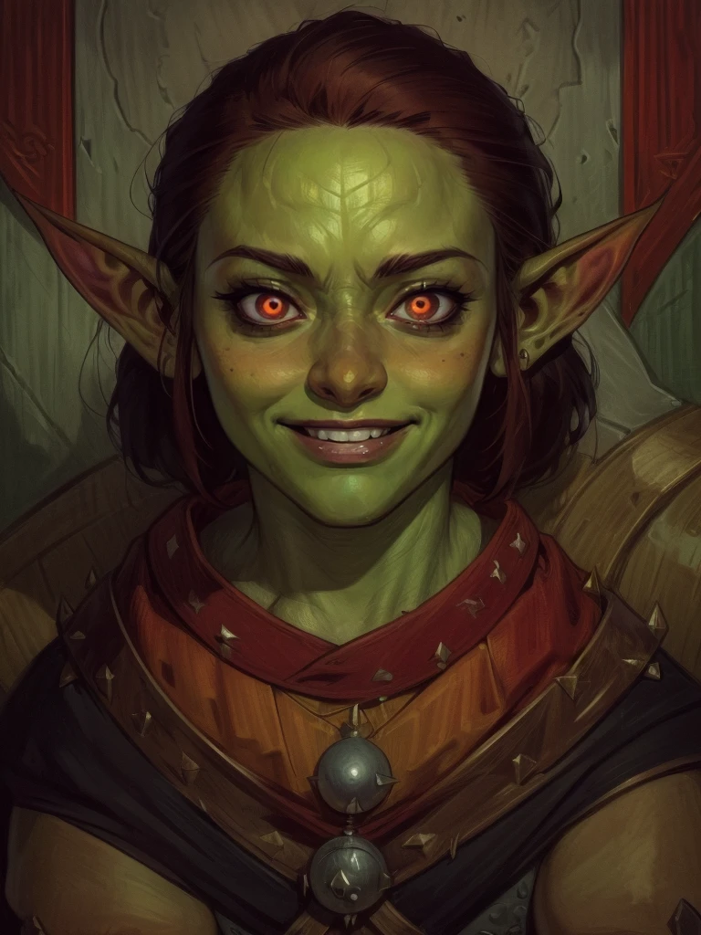 female goblin, goblin, ((g0blin)), DnD Clerics's, dressed like an RPG cleric, medallion, holy symbol, (((red eyes))), (proud:1.4), (confident:1.2), smile, tusk, short white hair, spiked hair, | (8k, RAW photo, best quality, masterpiece:1.2), ultra-detailed, (high detailed skin:1.2), 8k uhd, dslr, soft lighting, high quality, (centered:1.2), ((LOOKING at the VIEWER)), asura, film grain, highly detailed shading, ((perfect_hands):1), Goodhands-beta2, Detailed eyes, perfect face, perfect eyes, Detailed face, ((gabbie carter)), ((a manga drawing by Kentaro Miura)),