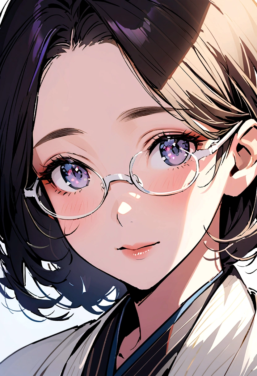 Portrait, Glasses Mature Japanese Woman, detailed beautiful face, detailed eyes,  red-framed glasses