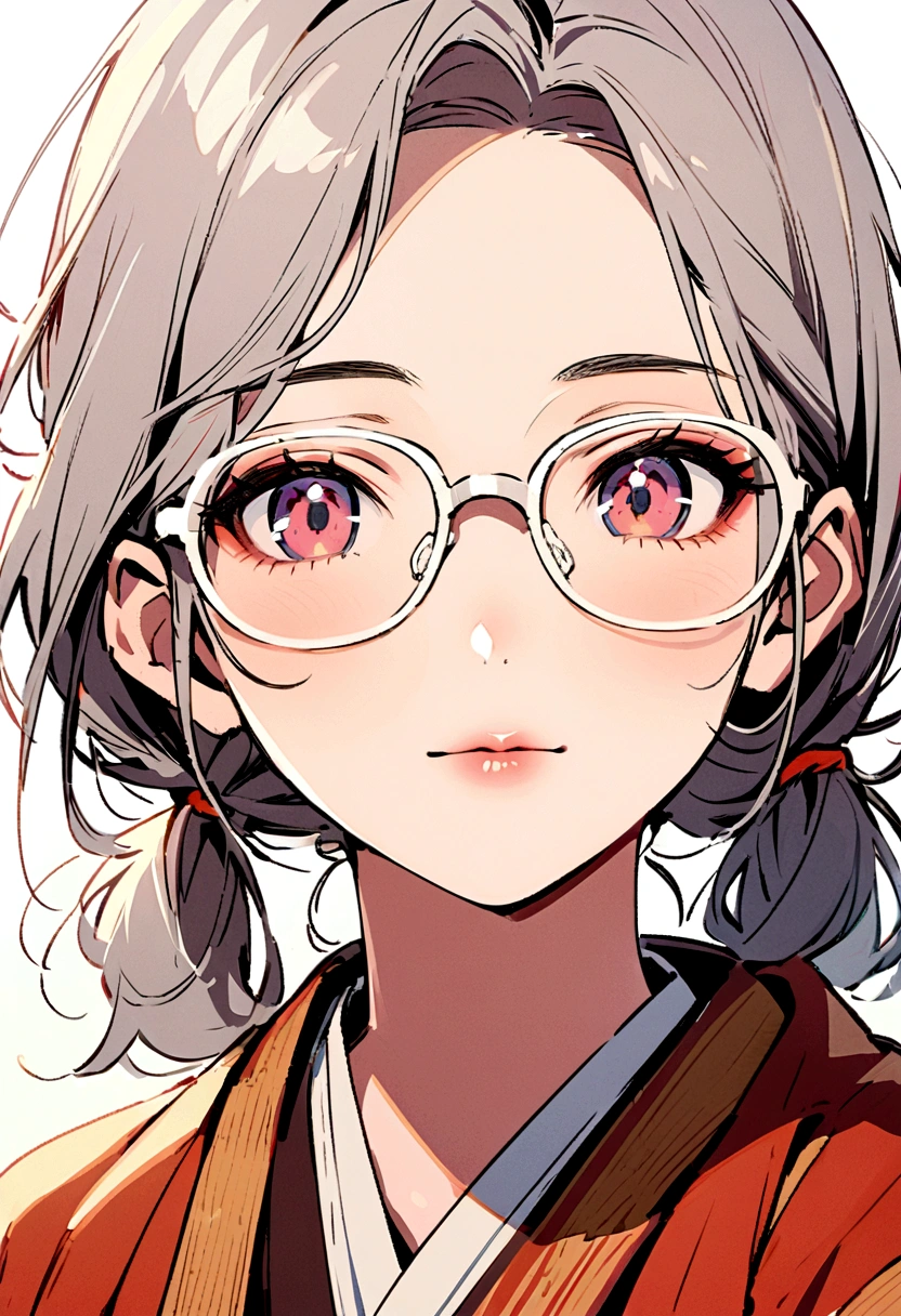 Portrait, Glasses Mature Japanese Woman, detailed beautiful face, detailed eyes,  red-framed glasses