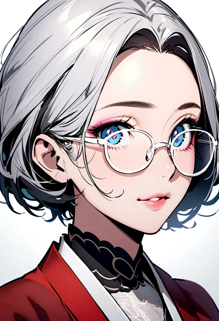 Portrait, Glasses Mature Japanese Woman, detailed beautiful face, detailed eyes,  red-framed glasses