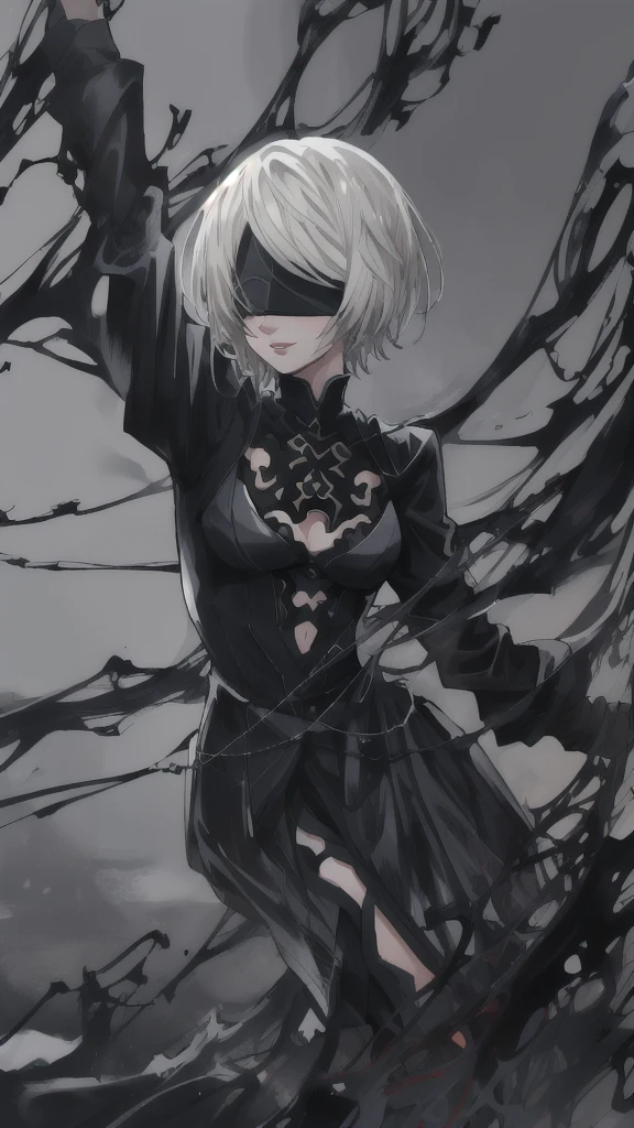 Epic CG masterpiece, hdr,DTM, full ha,8K, ultra detailed graphic tension, dynamic poses, stunning colors, 3D rendering, Surrealism, cinematic lighting effects, Realism, 00 renderer, super realistic, Super view, super wide Angle, HD
blury background,automata inspired、Nier Automata Characters、Nier Automata Cosplay、(High Resolution、4K、highest quality) Inspired by Nier、A girl in a black outfit holding a sword: Automata。Girls、((Both eyes are completely covered with a black blindfold.))、Delicate and beautiful silvery white short hair、Beautiful detailed lips、And has a highly detailed face with fine skin texture。,symbiote,The girl&#39;s black outfit is made of shiny leather material.、Gives a stylish and futuristic look。In his hand he holds a silver sword、Reflecting sunlight。The blade is intricately engraved、Symbiote-infected clothing,The craftsmanship shines through。Girl&#39;s hair blowing in the wind、Adds dynamic movement to the scene。The overall image is realistic and photorealistic.、Sharp focus and vibrant colors、Enhances visual impact。This artwork is from Nier : It captures the essence of Automata.、It pays tribute to the iconic character 2b.。,
depth of field,An ultrarealistic full body photo of woman in fighting venom symbiote, black venom symbiote tentacles, laying deep in dark black liquid , evil smile, evil glowing eyes, hyper realistic, 8K,
1gir, solo,lips, (shiny skin:1.5)skin tight,grey eyes,
spider web print,
