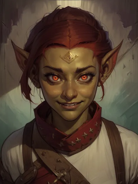 female goblin, goblin, ((g0blin)), DnD Clerics's, dressed like an RPG cleric, medallion, holy symbol, (((red eyes))), (proud:1.4...