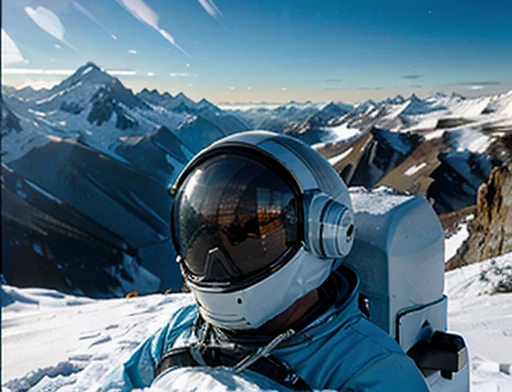   montañas heladas lugar nevado, el astronauta usa binoculares para observar( Imagen frontal) 