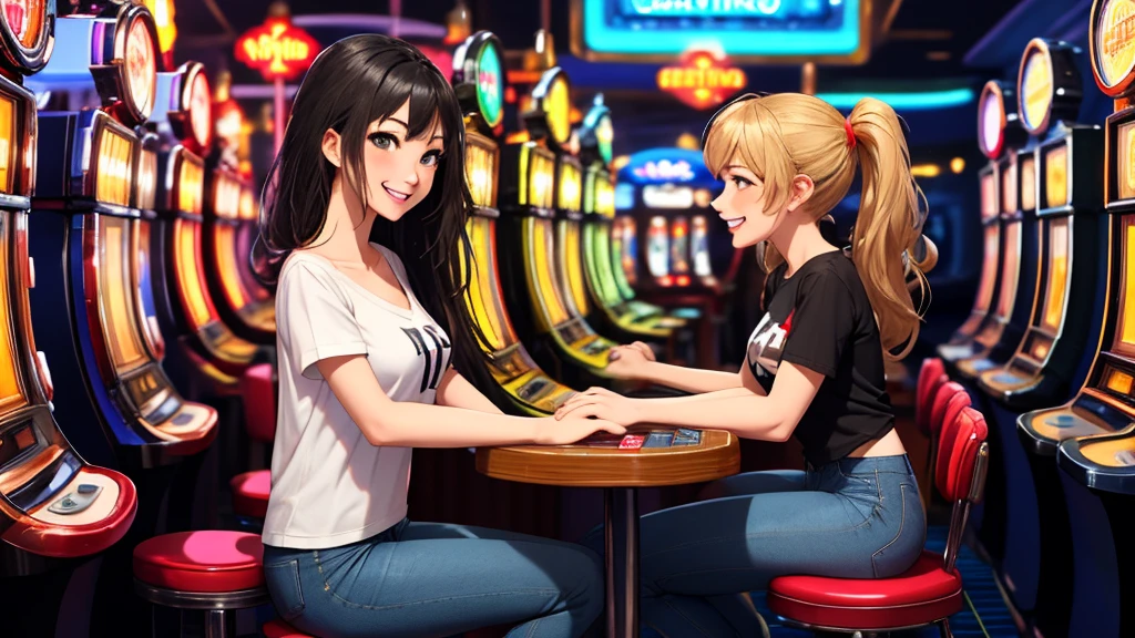 Masterpiece, best quality, 1 girl, alone, side camera angle, Look at the audience., chest, mature woman, collarbone, Random Hairstyles, cyberpunk, neon light, In the building, Casino, sitting in a round chair, Play slot machine games, t-shirt, The jeans are very short., depth of field, playful mood,Big smile