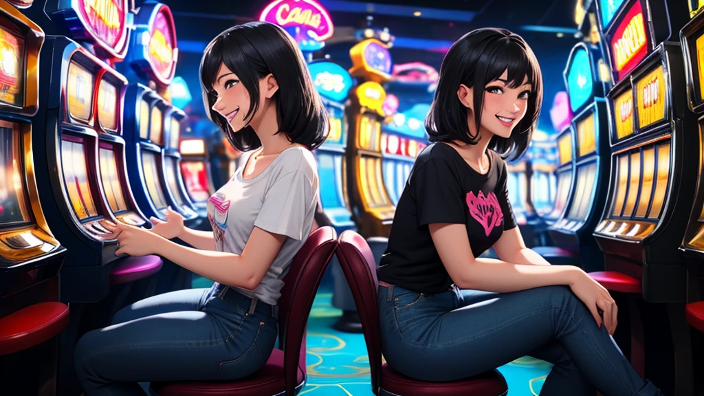 Masterpiece, best quality, 1 girl, alone, side camera angle, Look at the audience., chest, mature woman, collarbone, Random Hairstyles, cyberpunk, neon light, In the building, Casino, sitting in a round chair, Play slot machine games, t-shirt, The jeans are very short., depth of field, playful mood,Big smile