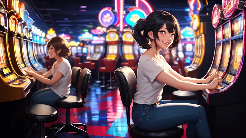 Masterpiece, best quality, 1 girl, alone, side camera angle, Look at the audience., chest, mature woman, collarbone, Random Hairstyles, cyberpunk, neon light, In the building, Casino, sitting in a round chair, Play slot machine games, t-shirt, The jeans are very short., depth of field, playful mood,Big smile