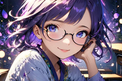 a close-up shot of a japanese anime girl sitting at a desk, wearing thick-framed glasses perched on the end of her nose. her sho...