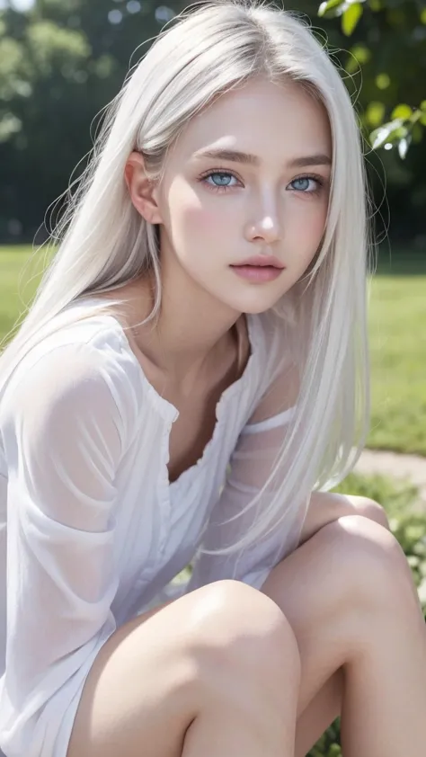 １４Caucasian model at the age, 立っているPhoto above the knee,（(Clean clothes)), white clothes, Natural light, Pretty Caucasian Woman,...