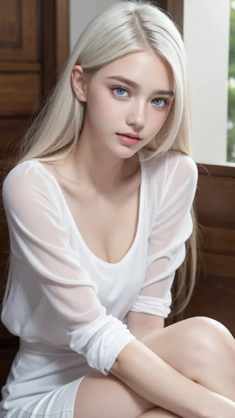 １４Caucasian model at the age, 立っているPhoto above the knee,（(Clean clothes)), white clothes, Natural light, Pretty Caucasian Woman,...