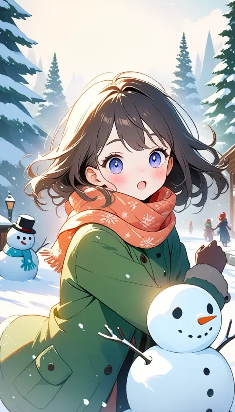(top-quality, 8K, ?masterpiece:1.3) A portrait of a playful anime girl in a snowy landscape, wearing a winter coat and scarf, bu...
