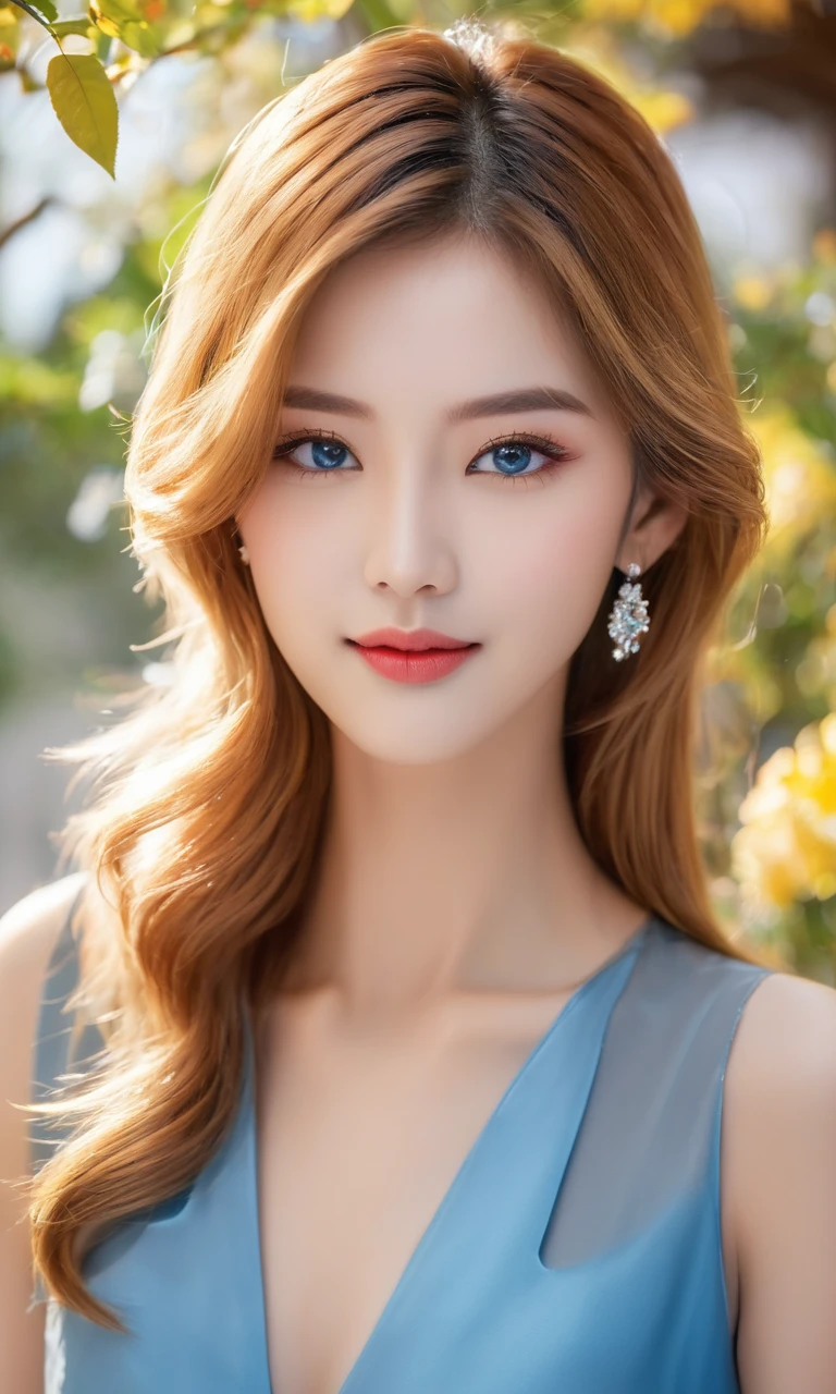 Bust-up portrait of a beautiful woman with the following characteristics:
- Long, straight, light blonde hair - Big, expressive blue eyes with natural make-up、Highlighted with eyeliner and mascara - high cheekbones and straight nose、Three-dimensional, exotic features- Healthy, bronzed skin- Stylish suit- Cool, calm expression- No Asian features