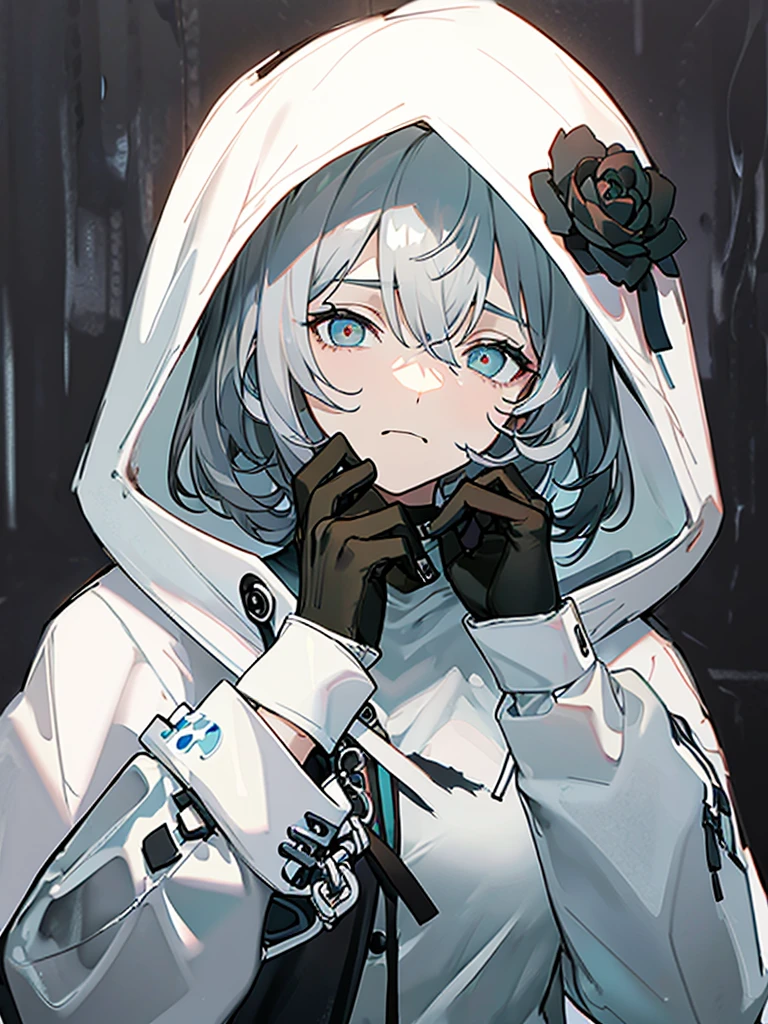 Masterpiece,Best quality,(A gloomy painting style:1.6),Solo,Boy,White hair,Short hair,(White shirt:1.4),((Face)) shirt,Shorts,Coat,Hood,Sneakers,Black coat,No breasts,Long sleeves,bangs,Fingerless gloves,Short hair,hair between eye,((gloomy expression)),(Pure black background:1.4),1 girl,monochrome,upper_body,gloom,hood,flower,hands up,holding flower,