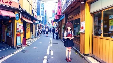 girl in short dress long stockings on akihabara street tanuki blush on cheeks