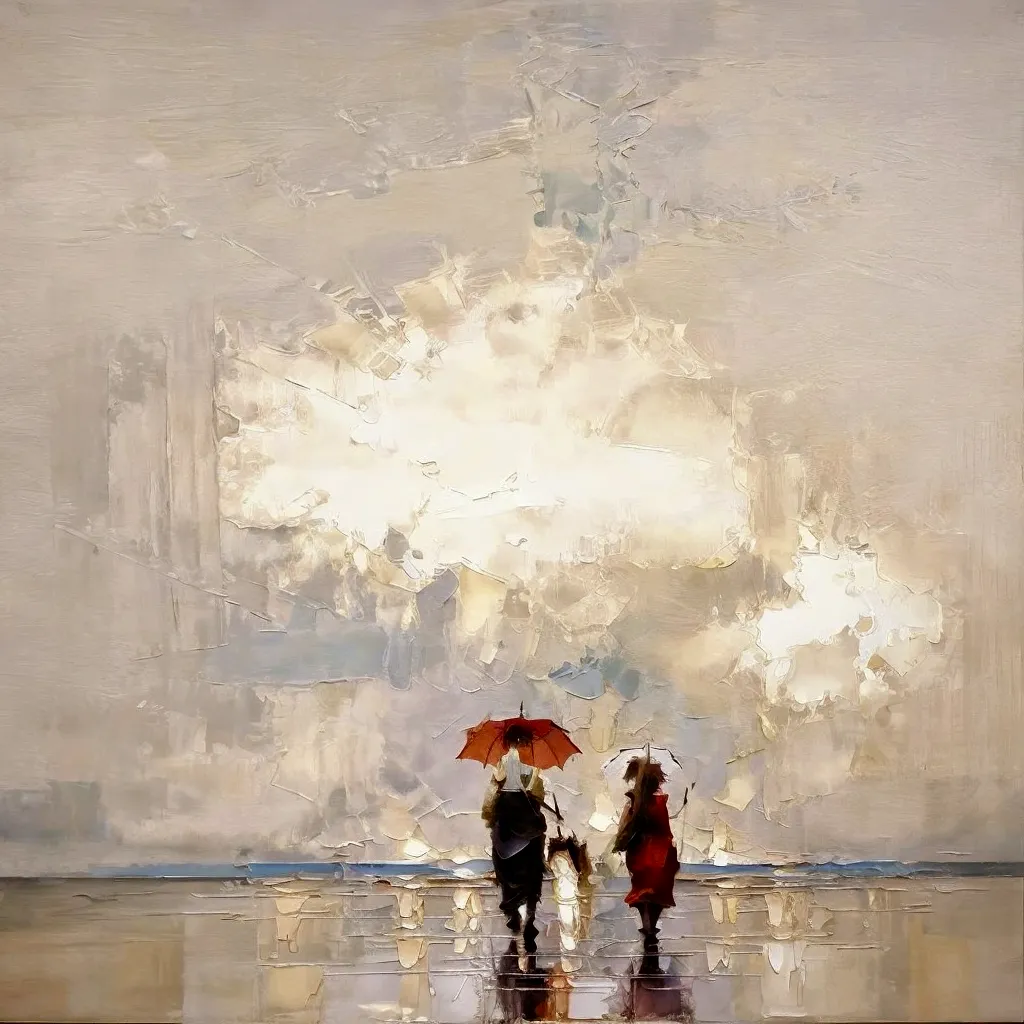 walking with an umbrella, work of art, realisitic, oil painting