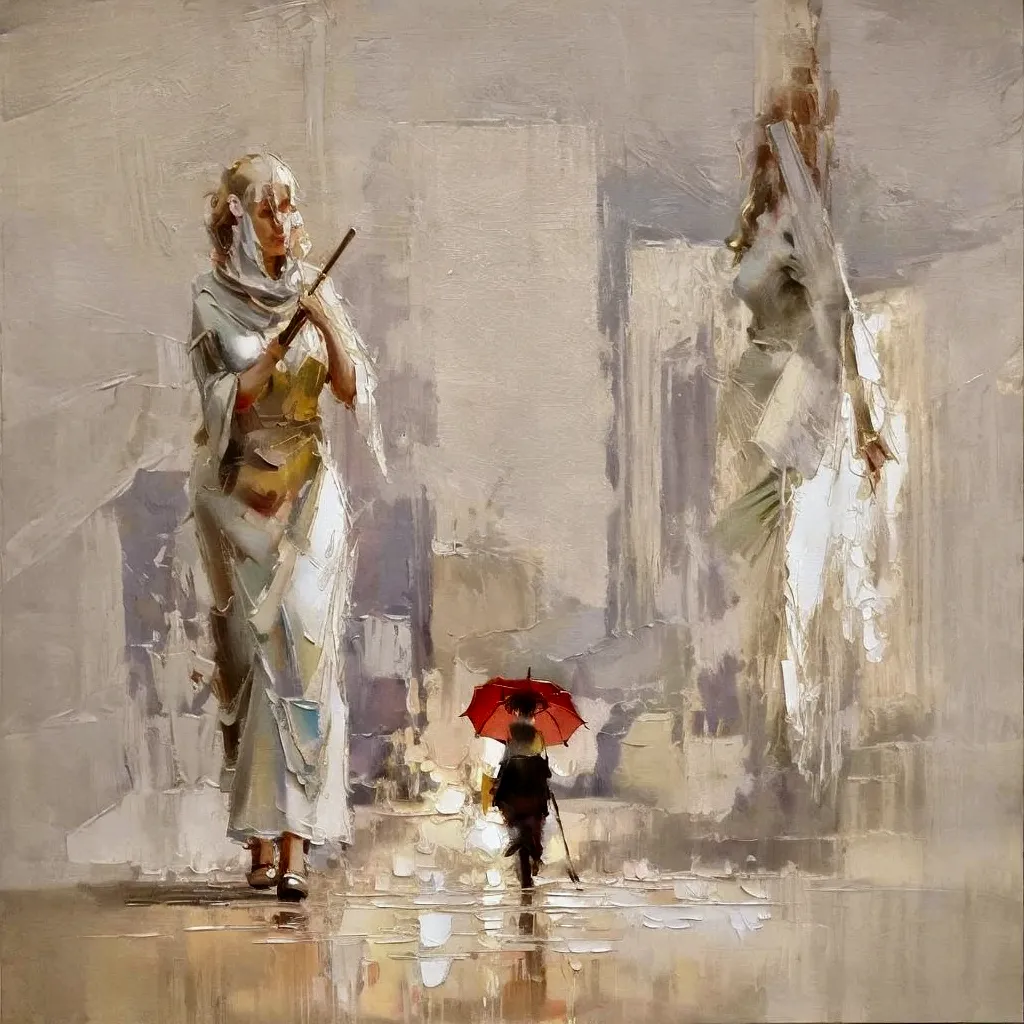 walking with an umbrella, work of art, realisitic, oil painting