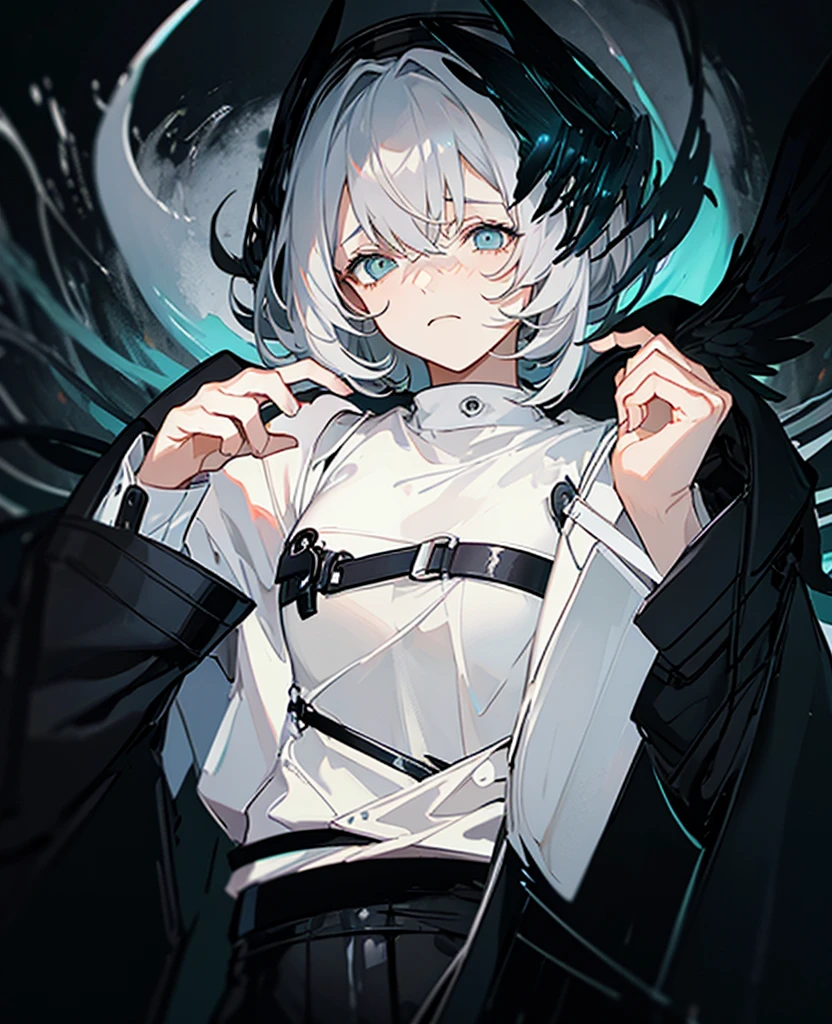 Masterpiece,Best quality,(A gloomy painting style:1.6),Solo,Boy,White hair,Short hair,(White shirt:1.4),((Face)) shirt,Shorts,Coat,Hood,Sneakers,Black coat,No breasts,Long sleeves,bangs,Fingerless gloves,Short hair,hair between eye,((gloomy expression)),(Pure black background:1.4),1 girl,monochrome,upper_body,gloom,hood,heart,hands up,holding heart,