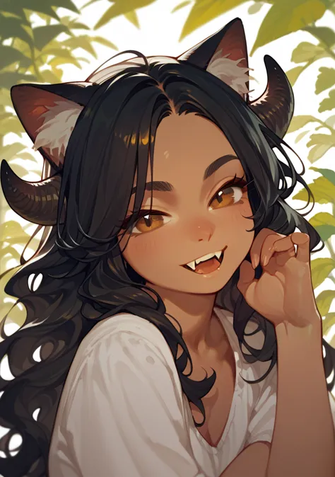 Half body, A beautiful woman, long wavy black hair, brown eyes, casual clothing, cat ears and tail, fangs, horns 