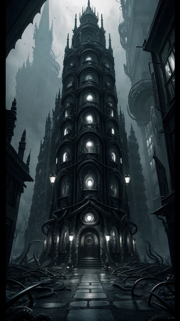 a black and white photo of an octopus building, lovecraftian style, ravenholm, eldritch legislature, fine details. anime. tentacles, where lovecraftian horrors roam, resident evil virus concept art, lovecraftian inspiration, giant tentacles, shoggoth, wires. biopunk, lovecraftian, lovecraft style, biologic hr giger style