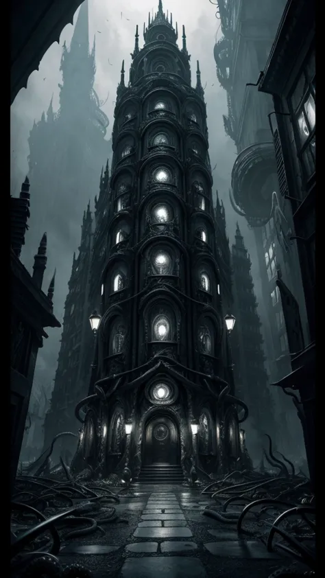 a black and white photo of an octopus building, lovecraftian style, ravenholm, eldritch legislature, fine details. anime. tentac...