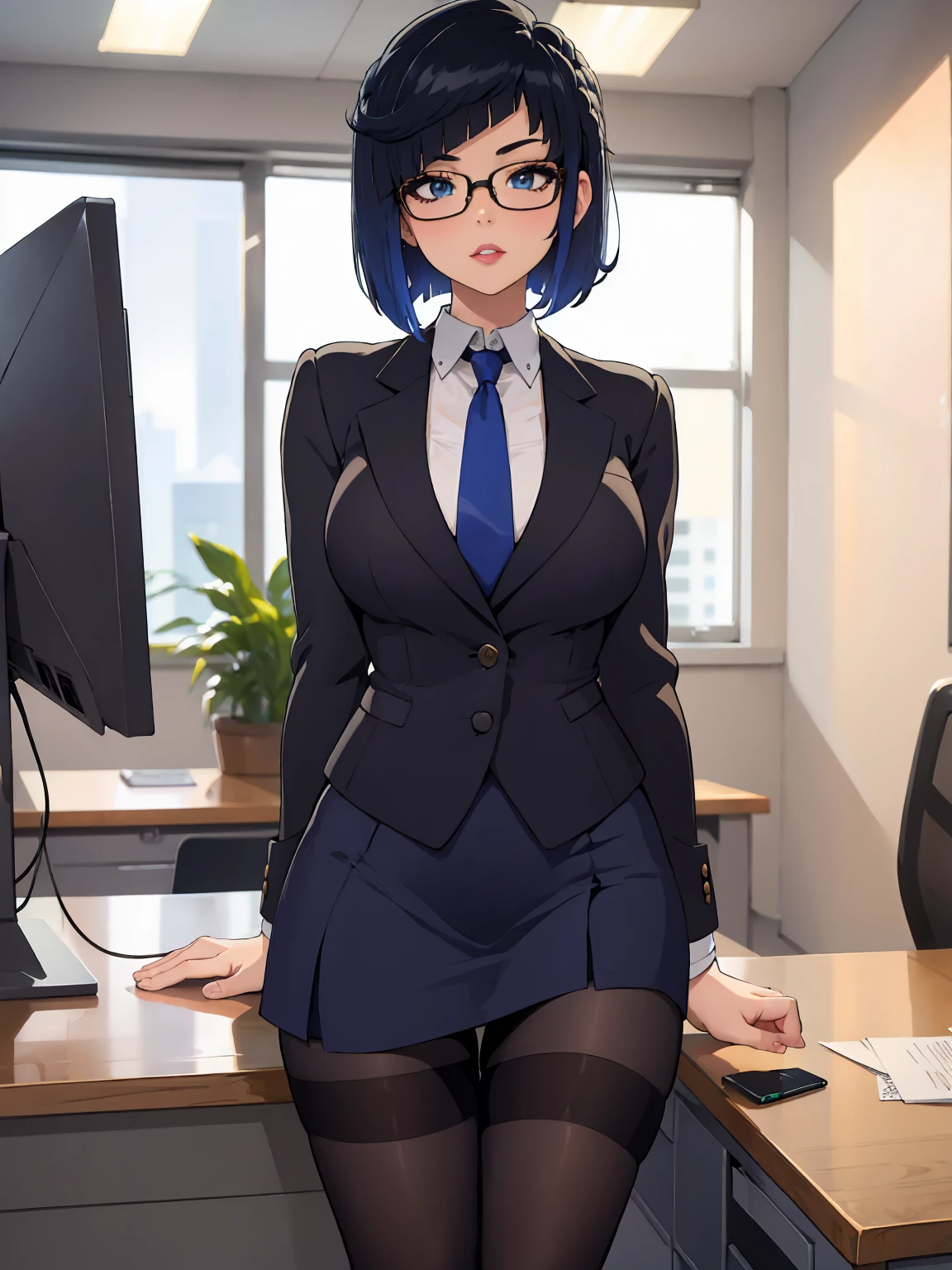 (Meisterwerk), (beste Qualität), (ausführlich), (1 Mädchen), Anime-Screencap, lineart, YELAN, (Vollständig bekleidet), Gläser, round Gläser, Büro outfit, Büro blazer, schwarzer Blazer, Blazer mit Knöpfen, Schwarzer Anzug, weißes Hemd, (Lange blaue Krawatte), Büro tie, blue Büro tie, Büro skirt, schwarzer Rock, schwarze Strümpfe, hohe Strümpfe, thohe Strümpfe, Strumpfhose, Lippen, freches Gesicht, Atem, Bob-Frisur, wunderschönes glänzendes Haar, (Büro background), Büro, Büro table, Computerbildschirm, verschwommen, verschwommen background, bokeh, 200mm lens, 