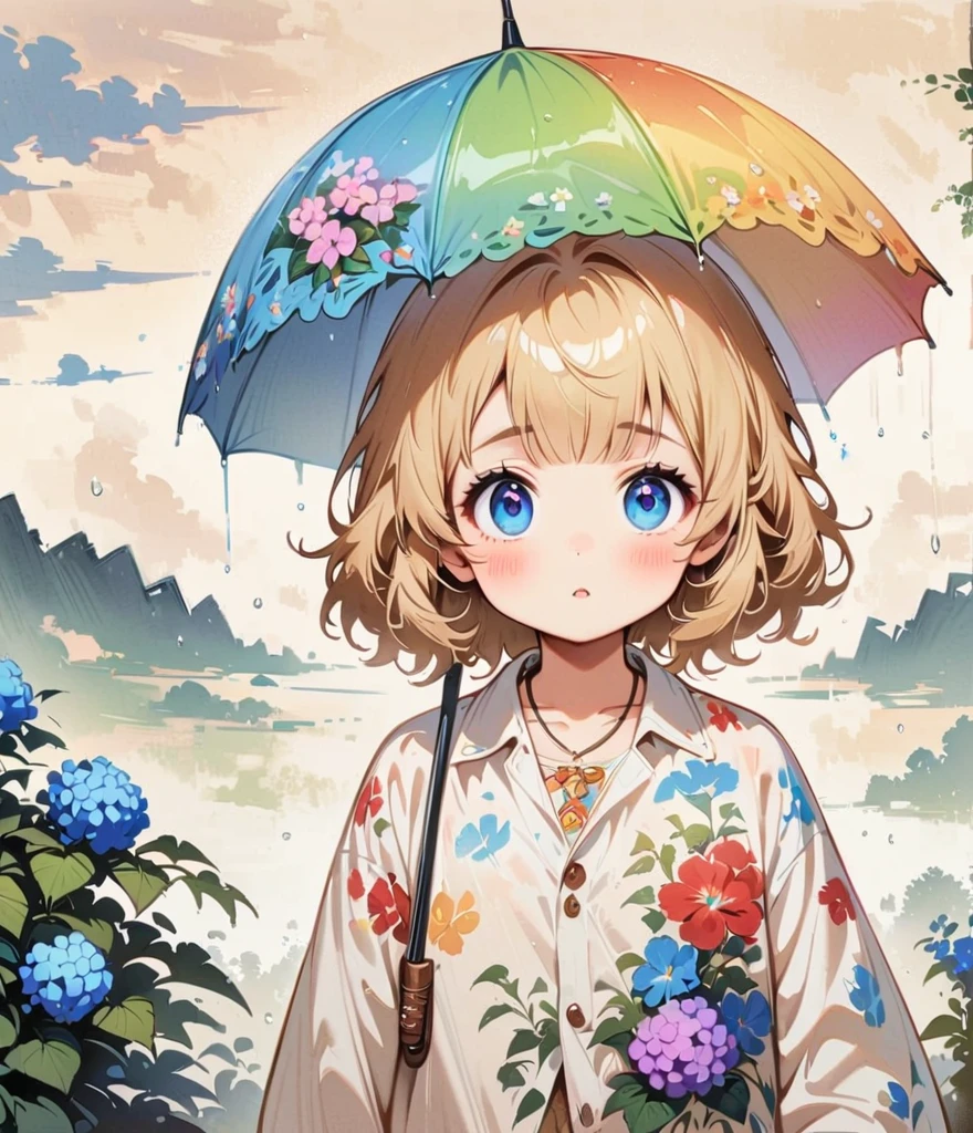 male女の小さい子どもが2人、Umbrella or handheld、Blonde Short、male、When it rains, A rainbow appears。Hydrangea(masterpiece, Highest quality:1.2), Cartoon style character design， alone，Big eyes，Cute expression，，Floral Shirt，interesting，interesting