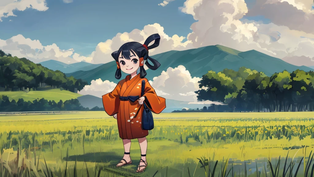 masterpiece, (Little:0.9), One girl, Are standing, smile, Bag RR, kimono, Hair Ring, Sandals, Outdoor, Field, null, cloud