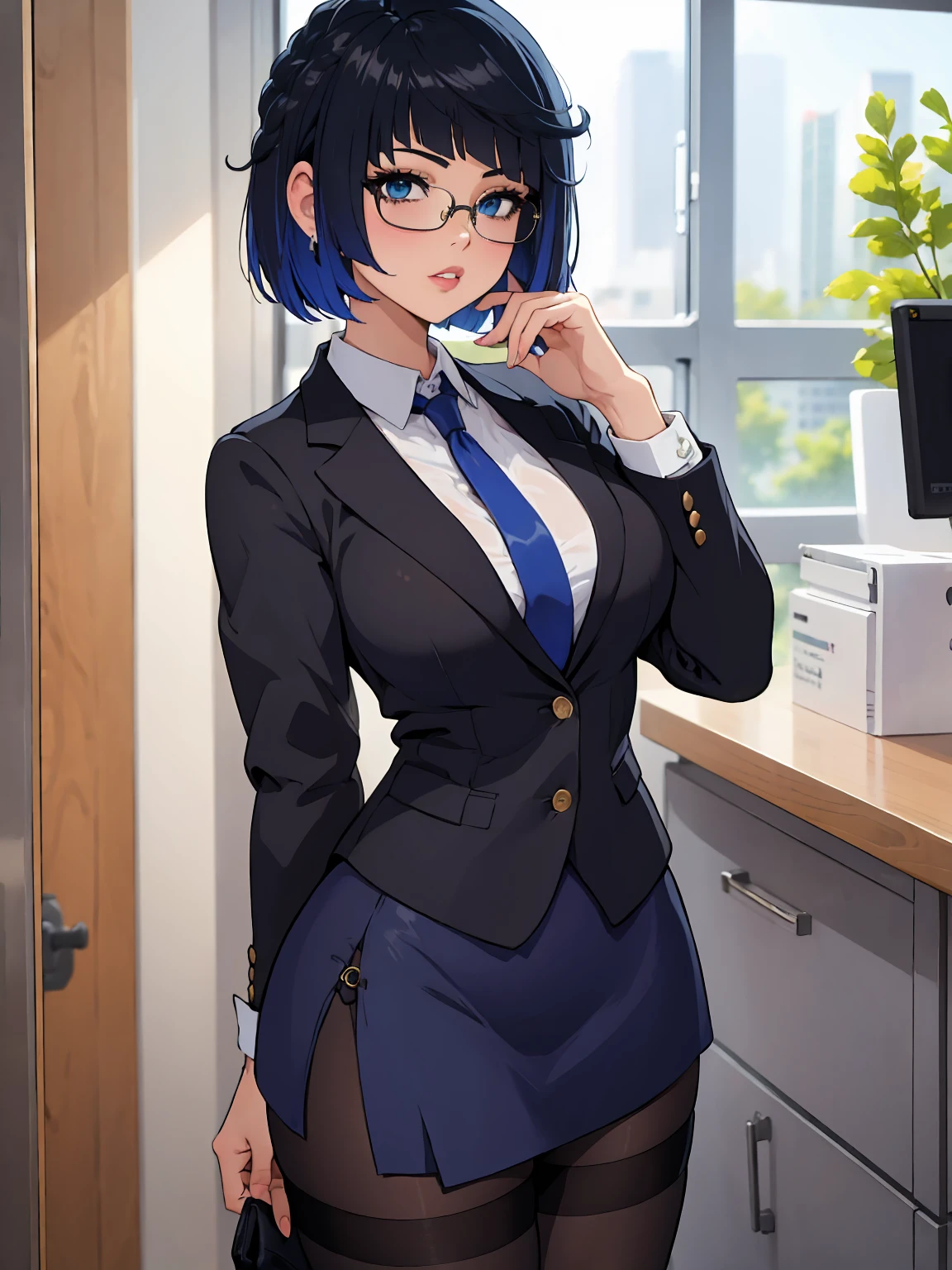 (masterpiece), (best quality), (detailed), (1girl), anime screencap, lineart, yelan, (fully clothed), glasses, round glasses, office outfit, office blazer, black blazer, buttoned blazer, black suit, white shirt, (long blue tie), office tie, blue office tie, office skirt, black skirt, black stockings, high stockings, thigh stockings, pantyhose, lips, naughty face, breath, bob cut, beautiful glowing hair, (office background), office, scenery, blurry, blurry background, bokeh, 200mm lens, 