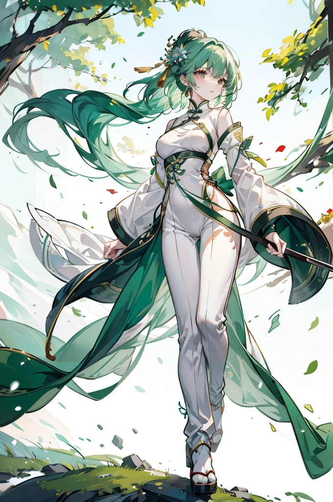 Green Hair、Her hair is short、small breast、upright stance、full body、Fighter、male、Uniform、Chinese Knight、Chinese style、White background、No exposure、China dress、pants、band、front、White clothes、Kung Fu、slender