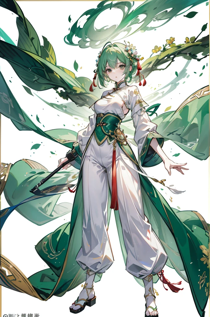 Green Hair、Her hair is short、small breast、upright stance、full body、Fighter、male、Uniform、Chinese Knight、Chinese style、White background、No exposure、China dress、pants、band、front、White clothes、Kung Fu、slender