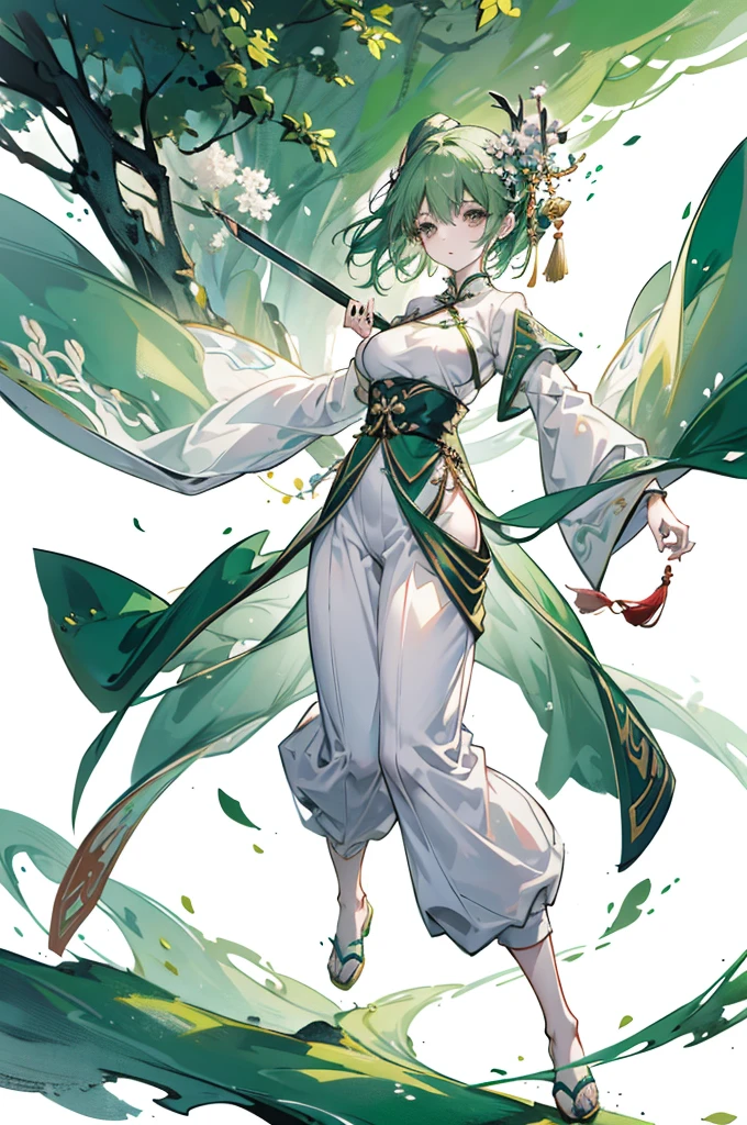 Green Hair、Her hair is short、small breast、upright stance、full body、Fighter、male、Uniform、Chinese Knight、Chinese style、White background、No exposure、China dress、pants、band、front、White clothes、Kung Fu、slender