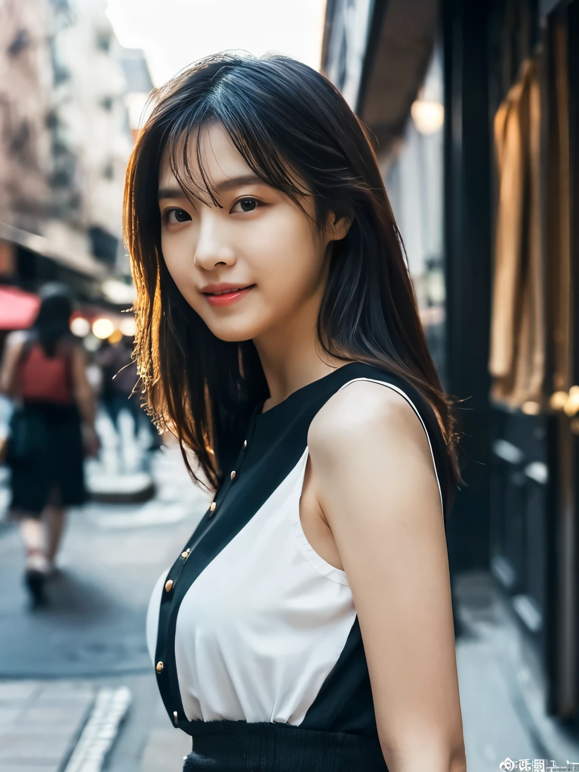 1 girl, (wearing a black blouse:1.2), black short skirt, beautiful Japanese actress, (RAW photo, highest quality), (realistic, Photoreal:1.4), masterpiece, very delicate and beautiful, very detailed, 2K wallpaper, wonderful, finely, very detailed CG Unity 8k wallpaper, Super detailed, High resolution, soft light, beautiful detailed girl, very detailed目と顔, beautifully detailed nose, beautiful and detailed eyes, Long hair, cinematic lighting, break, (Against the backdrop of a outside the open cafe terrace 1.3), city lights, perfect anatomy, slender body, smile, Face the front completely, (look at the camera), (waist shot), (emphasize big breasts),  (full body shot), (Random body direction), (Shooting from a long distance),