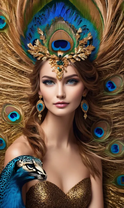 a mystical hybrid creature combining the features of a peacock and a leopard:
- the body is covered in sleek fur with the rosett...