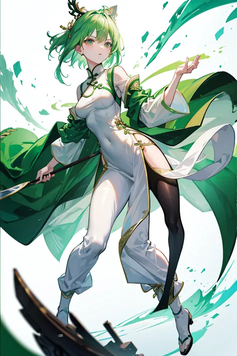 Green Hair、Her hair is short、small breast、upright stance、full body、Fighter、male、Uniform、Chinese Knight、Chinese style、White backg...