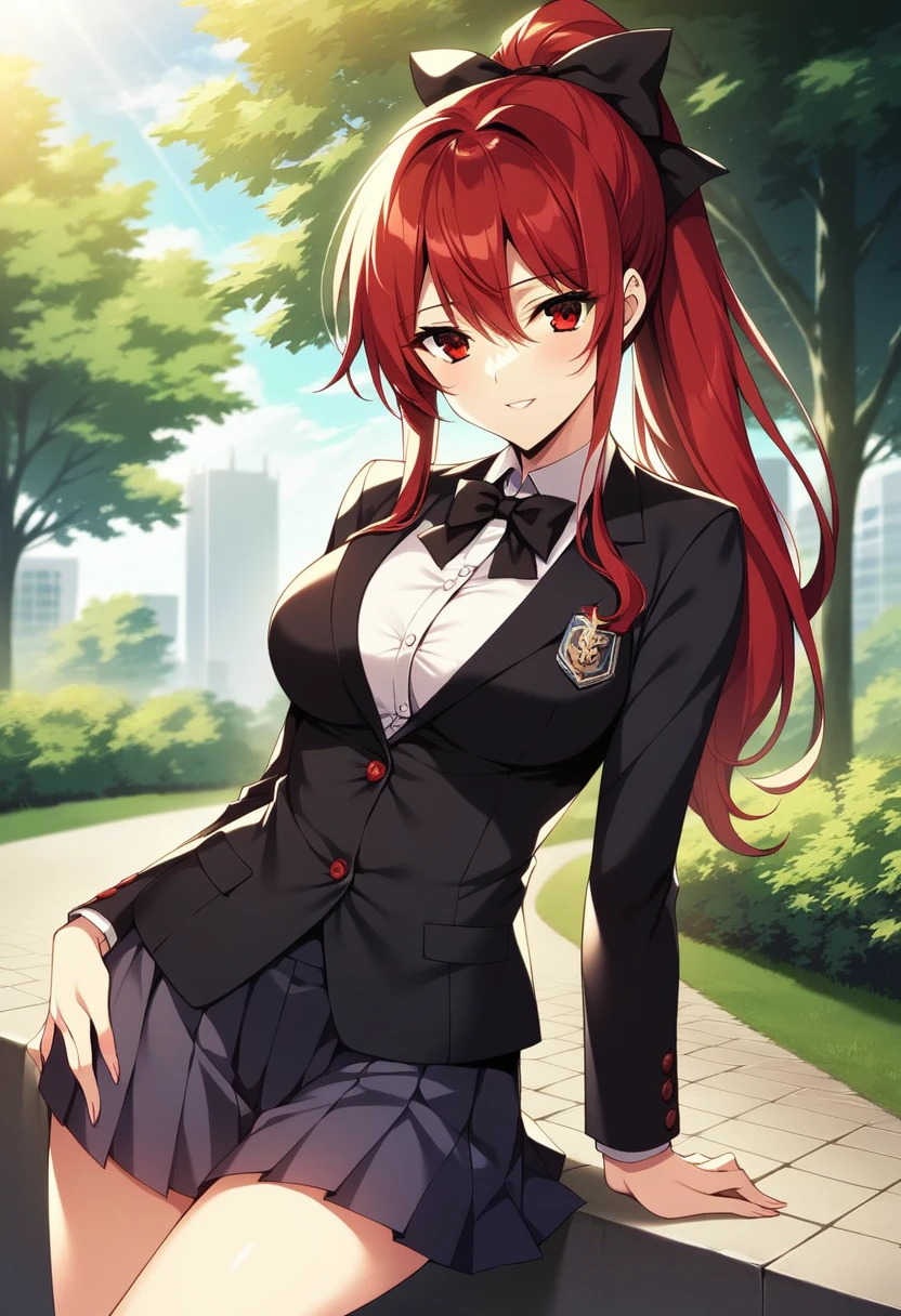 solo,best quality,nsfw,pointy breasts,large breasts,show off nipple,dskasumi, red hair, long hair, ponytail, red eyes, hair bow, shuujin academy uniform, , blazer, pleated skirt, 1girl, solo
BREAK
outdoors, park, trees, dappled sunlight, depth of field, cinematic, game cg, anime screencap, official art, masterpiece, best quality
